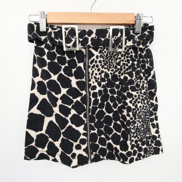 Topshop Skirt Black Cream Animal Print Giraffe Mini Metal Belt Buckle Zipper 2 - Picture 2 of 9